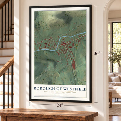 Borough of Westfield, Tioga County, Pennsylvania map, 24 x 36 inch print in a black frame by a staircase