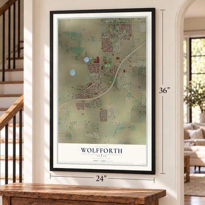 Wolfforth, Texas map, 24 x 36 inch print in a black frame by a staircase