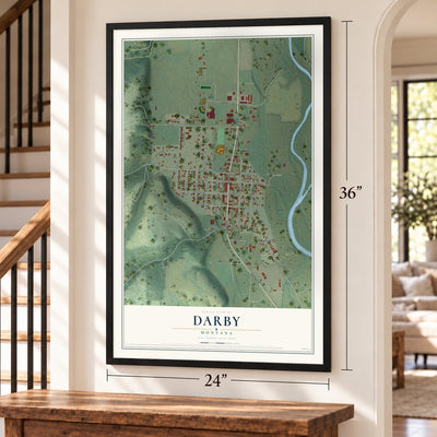 Darby, Montana map, 24 x 36 inch print in a black frame by a staircase