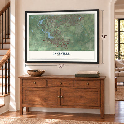 Lakeville, Minnesota map, 24 x 36 inch print in a black frame above a dresser by a staircase
