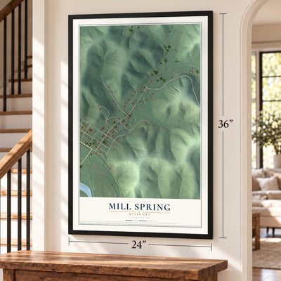 Mill Spring, Missouri map, 24 x 36 inch print in a black frame by a staircase