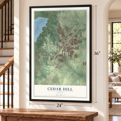 Cedar Hill, Texas map, 24 x 36 inch print in a black frame by a staircase