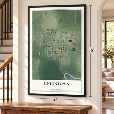 Uniontown, Kansas map, 24 x 36 inch print in a black frame by a staircase