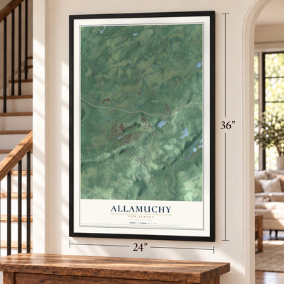 Allamuchy, New Jersey map, 24 x 36 inch print in a black frame by a staircase