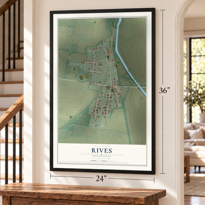 Rives, Tennessee map, 24 x 36 inch print in a black frame by a staircase