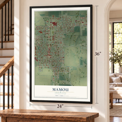 Mamou, Louisiana map, 24 x 36 inch print in a black frame by a staircase