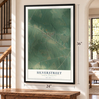 Silverstreet, South Carolina map, 24 x 36 inch print in a black frame by a staircase