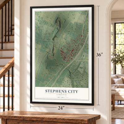 Stephens City, Virginia map, 24 x 36 inch print in a black frame by a staircase