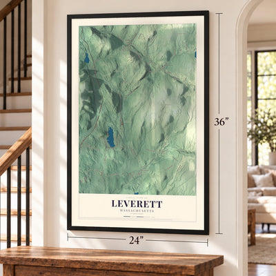 Leverett, Massachusetts map, 24 x 36 inch print in a black frame by a staircase