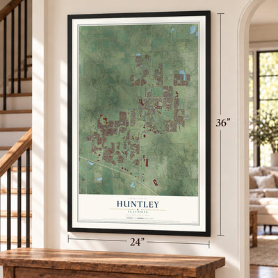 Huntley, Illinois map, 24 x 36 inch print in a black frame by a staircase