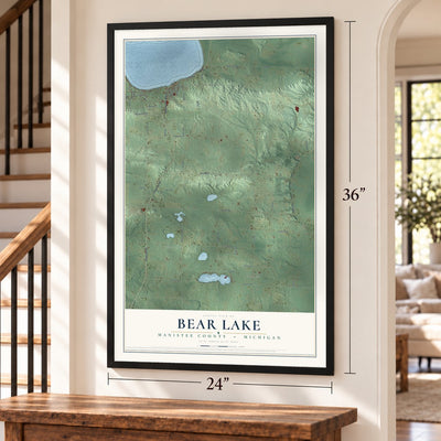 Bear Lake, Manistee County, Michigan map, 24 x 36 inch print in a black frame by a staircase