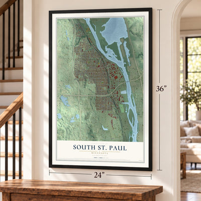 South St. Paul, Minnesota map, 24 x 36 inch print in a black frame by a staircase