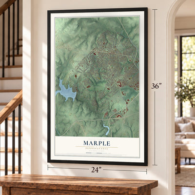 Marple, Pennsylvania map, 24 x 36 inch print in a black frame by a staircase