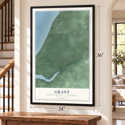 Grant, Mason County, Michigan map, 24 x 36 inch print in a black frame by a staircase