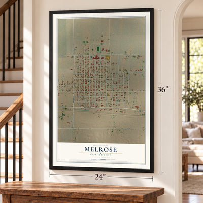 Melrose, New Mexico map, 24 x 36 inch print in a black frame by a staircase