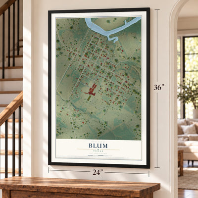 Blum, Texas map, 24 x 36 inch print in a black frame by a staircase