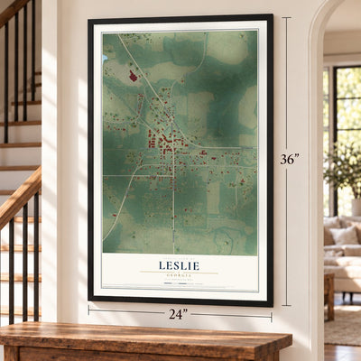 Leslie, Georgia map, 24 x 36 inch print in a black frame by a staircase