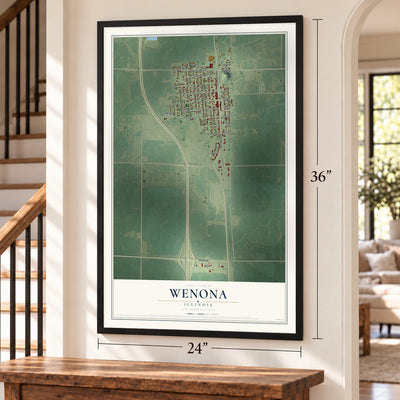 Wenona, Illinois map, 24 x 36 inch print in a black frame by a staircase