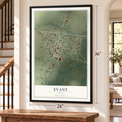 Evant, Texas map, 24 x 36 inch print in a black frame by a staircase