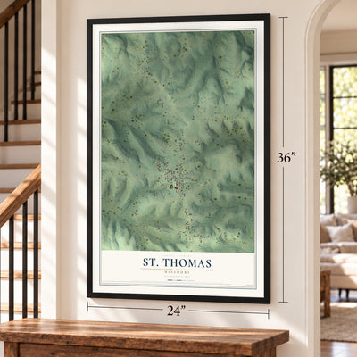 St. Thomas, Missouri map, 24 x 36 inch print in a black frame by a staircase