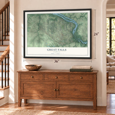 Great Falls, Virginia map, 24 x 36 inch print in a black frame above a dresser by a staircase