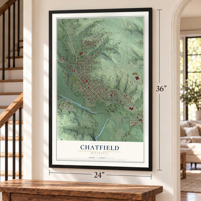 Chatfield, Minnesota map, 24 x 36 inch print in a black frame by a staircase