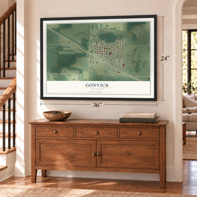 Gonvick, Minnesota map, 24 x 36 inch print in a black frame above a dresser by a staircase