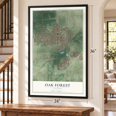Oak Forest, Illinois map, 24 x 36 inch print in a black frame by a staircase