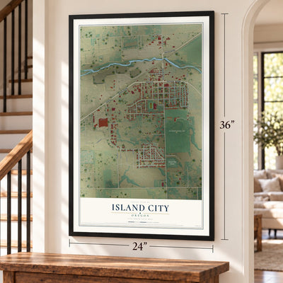 Island City, Oregon map, 24 x 36 inch print in a black frame by a staircase