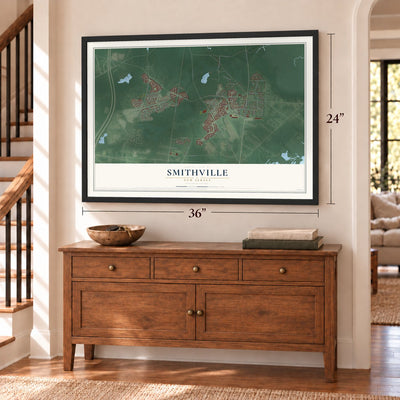 Smithville, New Jersey map, 24 x 36 inch print in a black frame above a dresser by a staircase