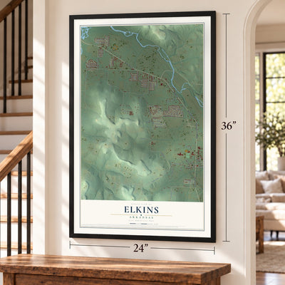 Elkins, Arkansas map, 24 x 36 inch print in a black frame by a staircase
