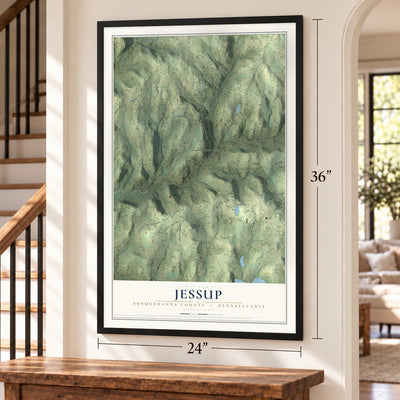 Jessup, Susquehanna County, Pennsylvania map, 24 x 36 inch print in a black frame by a staircase