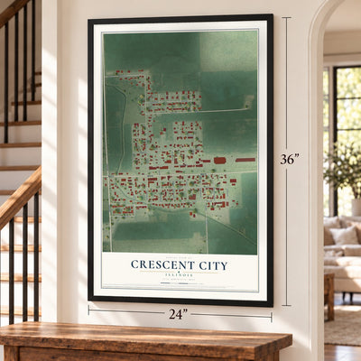 Crescent City, Illinois map, 24 x 36 inch print in a black frame by a staircase