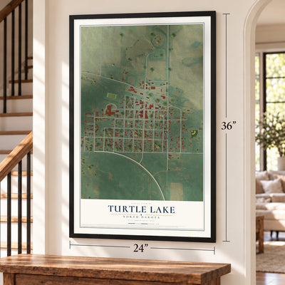 Turtle Lake, North Dakota map, 24 x 36 inch print in a black frame by a staircase