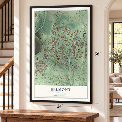 Belmont, Virginia map, 24 x 36 inch print in a black frame by a staircase