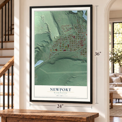 Newport, Washington map, 24 x 36 inch print in a black frame by a staircase