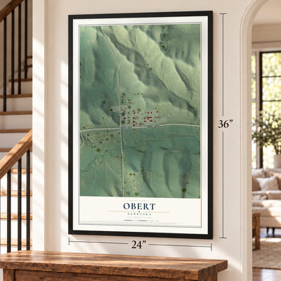 Obert, Nebraska map, 24 x 36 inch print in a black frame by a staircase