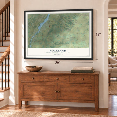 Rockland, Brown County, Wisconsin map, 24 x 36 inch print in a black frame above a dresser by a staircase