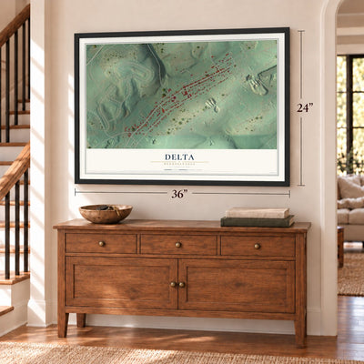 Delta, Pennsylvania map, 24 x 36 inch print in a black frame above a dresser by a staircase