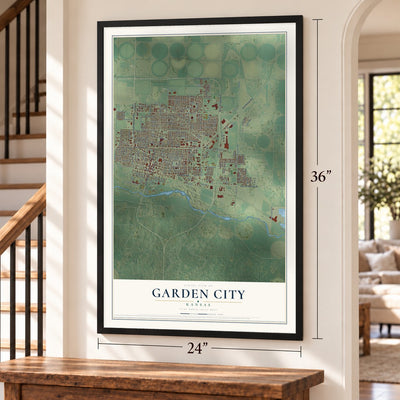 Garden City, Kansas map, 24 x 36 inch print in a black frame by a staircase