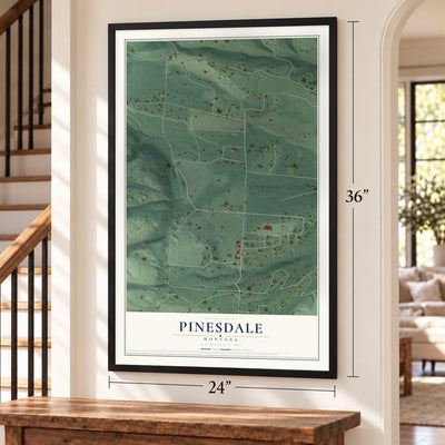 Pinesdale, Montana map, 24 x 36 inch print in a black frame by a staircase