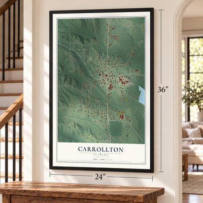 Carrollton, Alabama map, 24 x 36 inch print in a black frame by a staircase