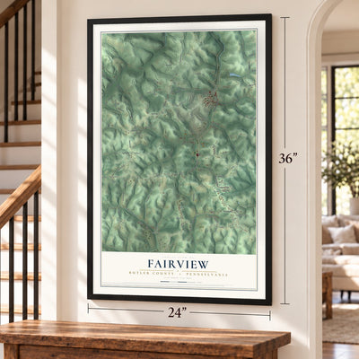 Fairview, Butler County, Pennsylvania map, 24 x 36 inch print in a black frame by a staircase