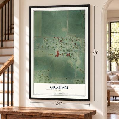 Graham, Missouri map, 24 x 36 inch print in a black frame by a staircase