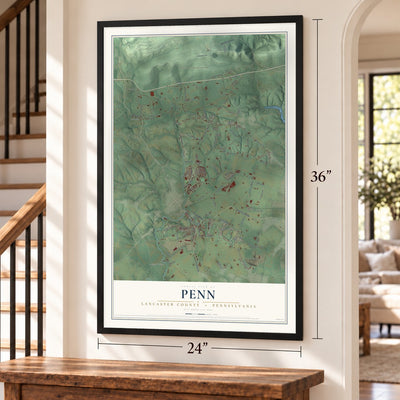 Penn, Lancaster County, Pennsylvania map, 24 x 36 inch print in a black frame by a staircase