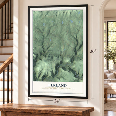 Elkland, Sullivan County, Pennsylvania map, 24 x 36 inch print in a black frame by a staircase