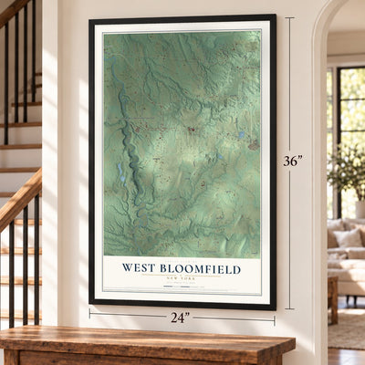 West Bloomfield, New York map, 24 x 36 inch print in a black frame by a staircase