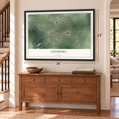 Leesburg, Georgia map, 24 x 36 inch print in a black frame above a dresser by a staircase