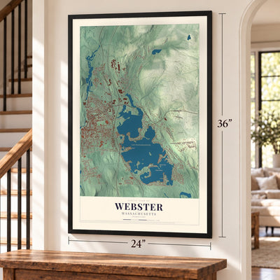 Webster, Massachusetts map, 24 x 36 inch print in a black frame by a staircase