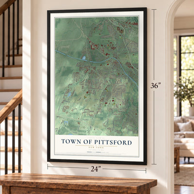 Town of Pittsford, New York map, 24 x 36 inch print in a black frame by a staircase